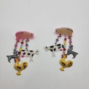 Funny Handmade Dangle Farm Animals Glitter Pierced Earrings